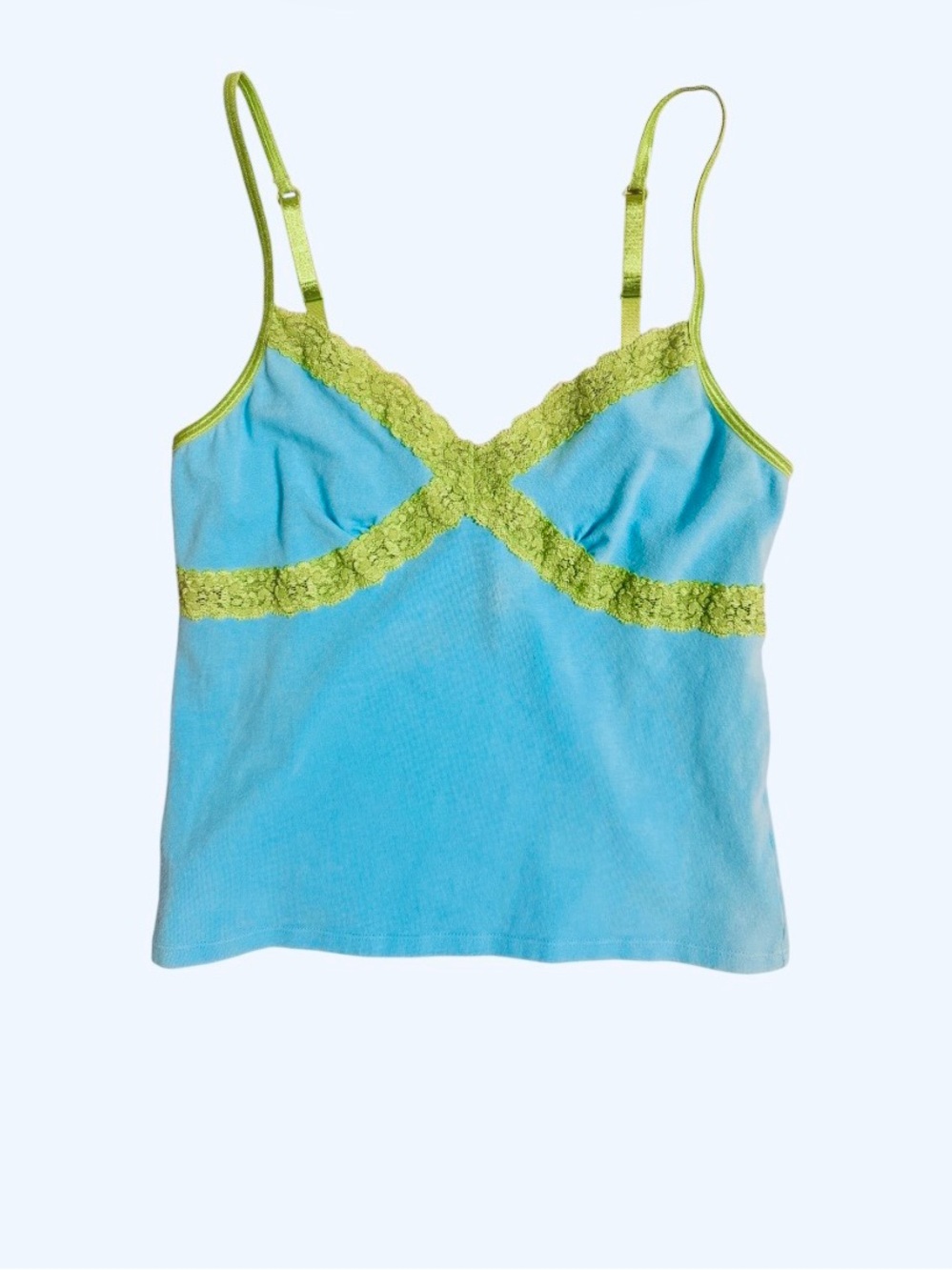 PINK Victoria's Secret Aqua Blue Camisole with Lime Lace Trim Vtg Summer Top ⭐️